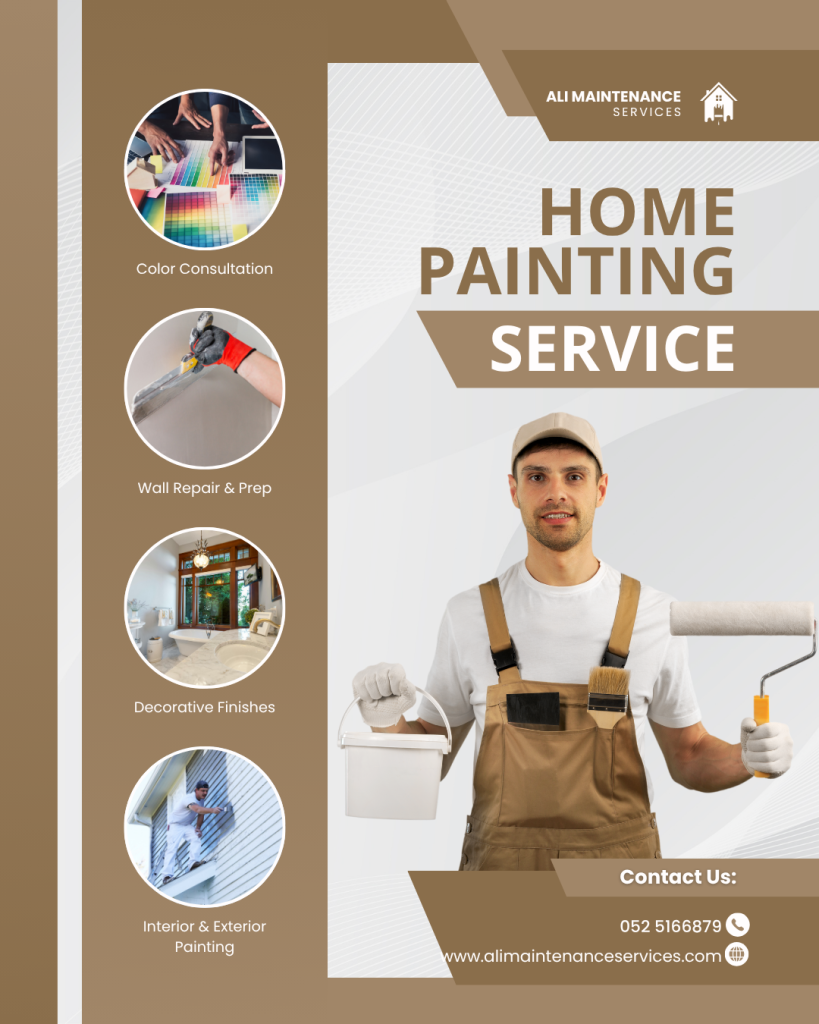 Professional painter in Dubai applying fresh paint on villa walls – Alimaintenanceservices providing expert home and apartment painting services.