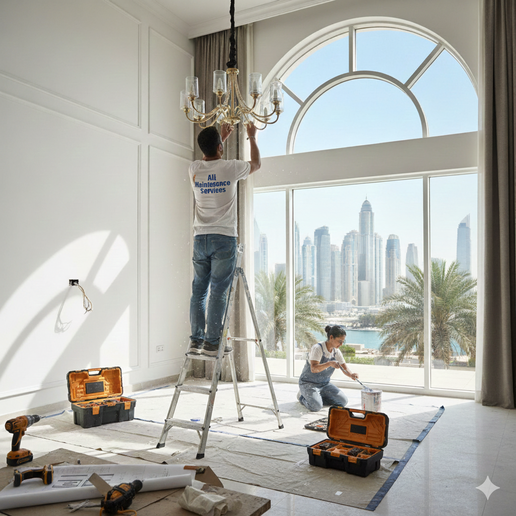 Professional home maintenance & renovation in Dubai showing workers painting and installing fixtures in a modern living room