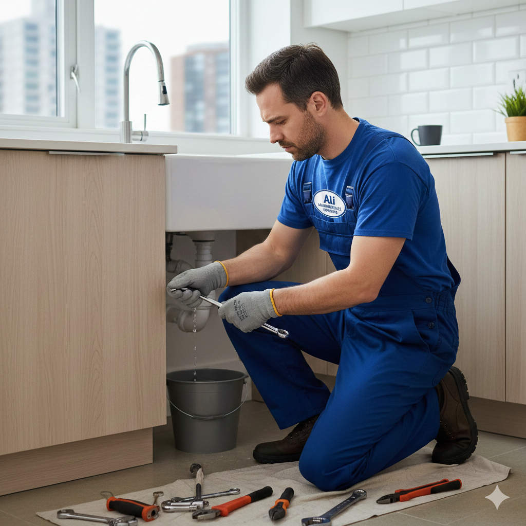 Plumbing services in Dubai provided by a professional technician from Ali Maintenance Services repairing a kitchen sink.